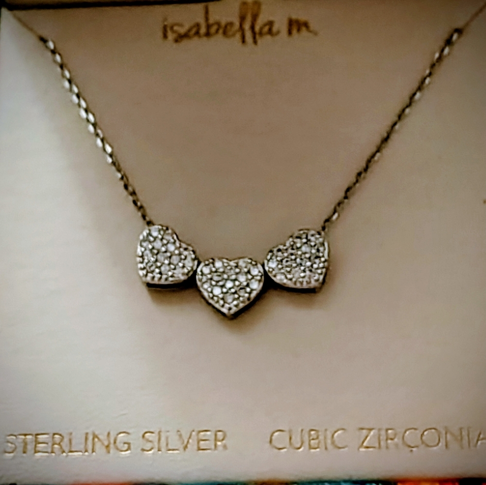 NWT Isabella M. Sterling Silver & Cubic Ziconia Triple Heart 16" Necklace